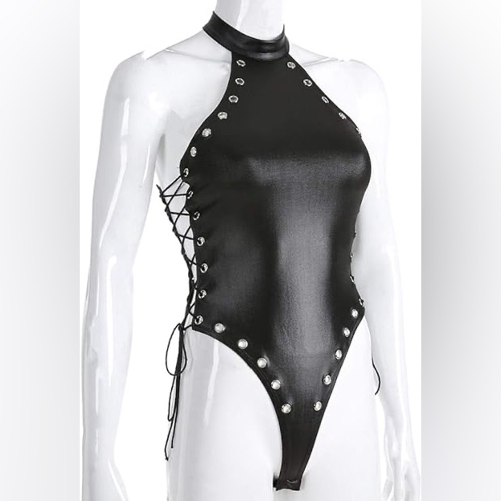 Faux Leather Lace Up Bodysuit - Picture 12 of 14